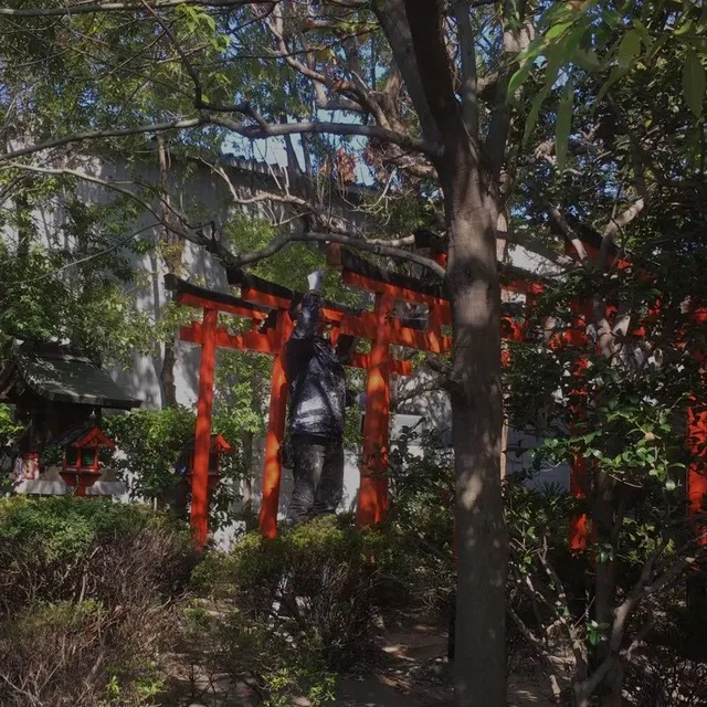 参道と灯籠を含めて撮った、完成した朱塗りの鳥居の全景
