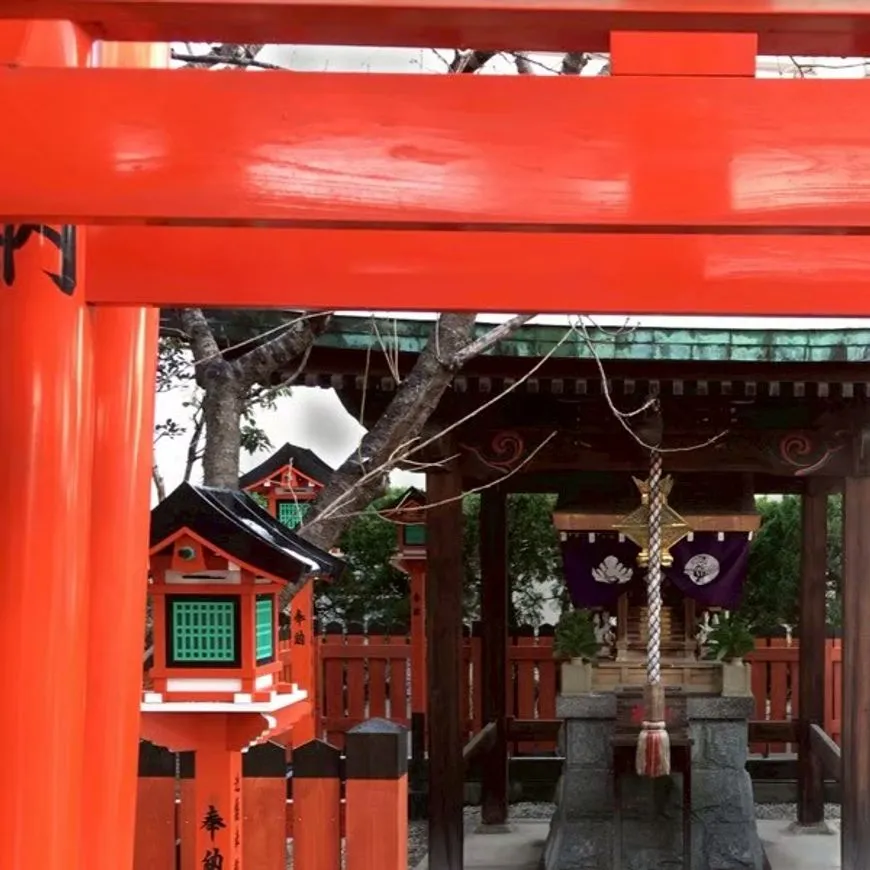 朱塗りの鳥居越しに見える社殿と灯籠の全景
